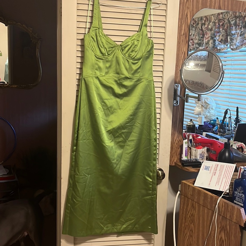 Zara Green olive colored large dress. T-length midi. Corset style. Slit back